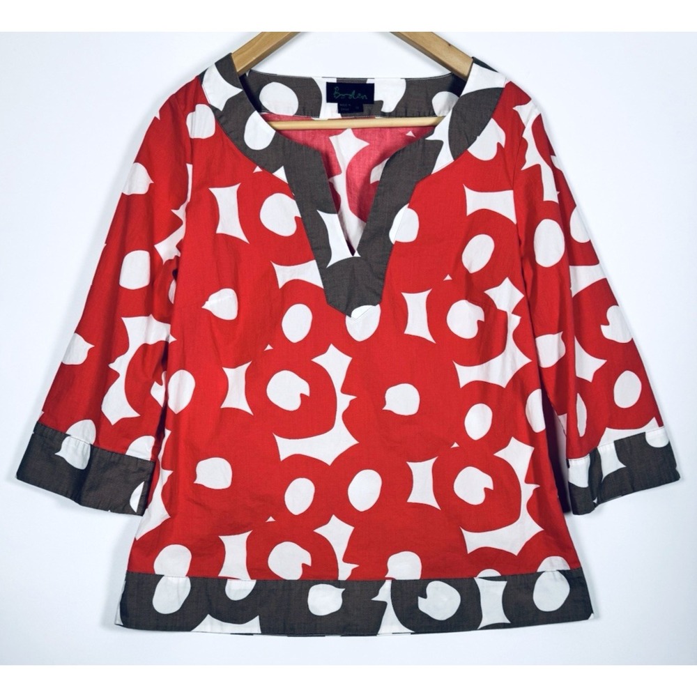 Boden Mod Blouse 14 Red White Geometric Cotton Lightweight Stretch Retro Top